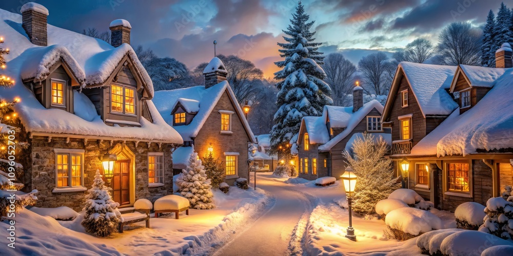 Winter Village Sunset Snow-Covered Houses, Warm Lights, Cozy Scene Winter Village Sunset Snow-Covered Houses, Warm Lights, Cozy Scene