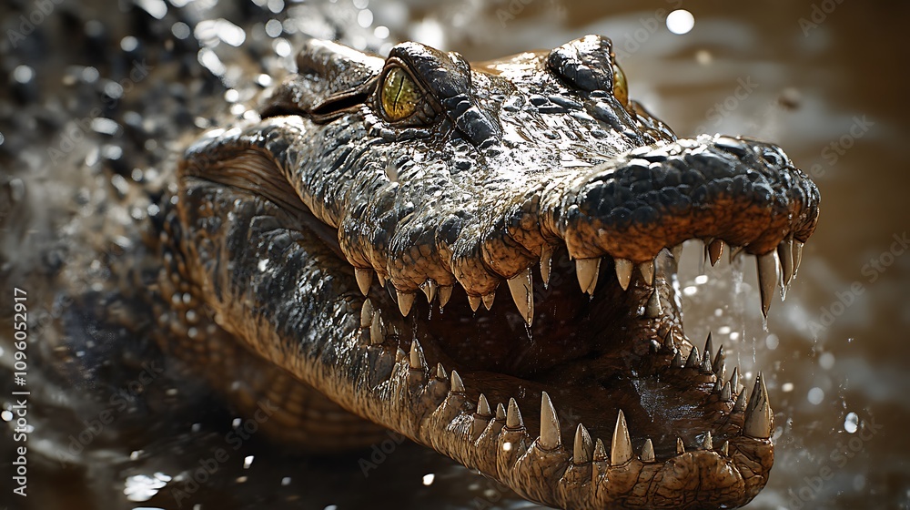 Obraz premium A close-up of a crocodile displaying its sharp teeth in a splash of water.