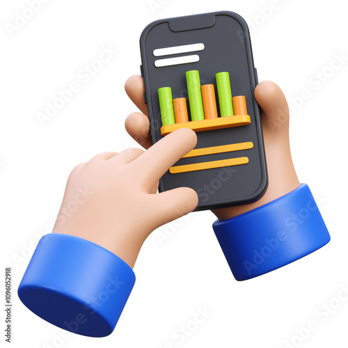 3d render hand holding a smartphone with statistic graph