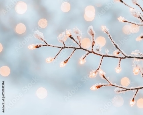 Frosty winter branch with warm lights, bokeh background.