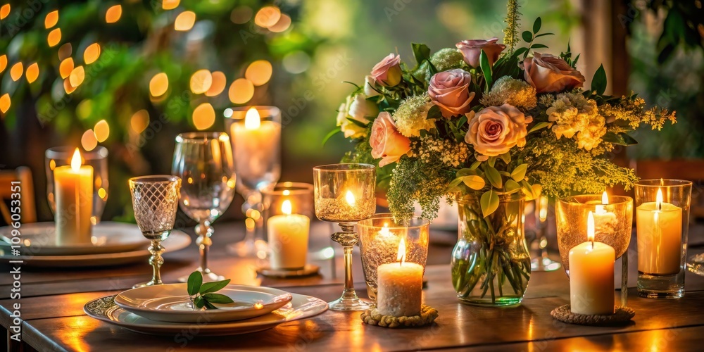 Romantic Table Setting Candlelight, Roses, and Bokeh Lights Romantic Table Setting Candlelight, Roses, and Bokeh Lights