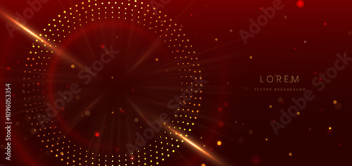 Abstract elegant glowing golden circles lines on dark red with dot lighting effect.