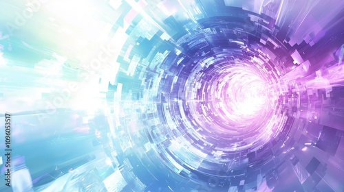 An abstract futuristic background with digital technology elements and a blue, purple, and white color palette for tech design.