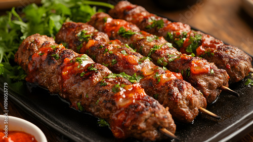 Sizzling Beef Kebabs on a Platter with Red Sauce and Aromatic Herbs in a Cozy Kitchen Setting