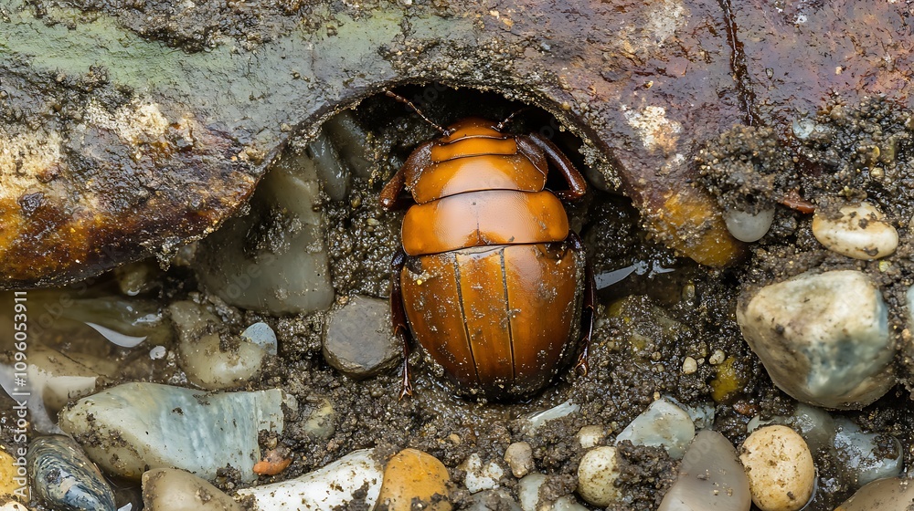 A close-up of a brown beetle nestled among pebbles and soil near a water source. A close-up of a brown beetle nestled among pebbles and soil near a water source.