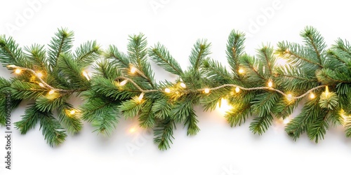 Festive Evergreen Garland Warm Lights and White Background