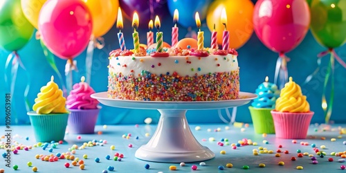 Front View Colorful Birthday Cake with Candles and Balloons, Sprinkles, Cupcakes, Party, Celebration Birthday Cake, Party Decorations, Festive Treats
