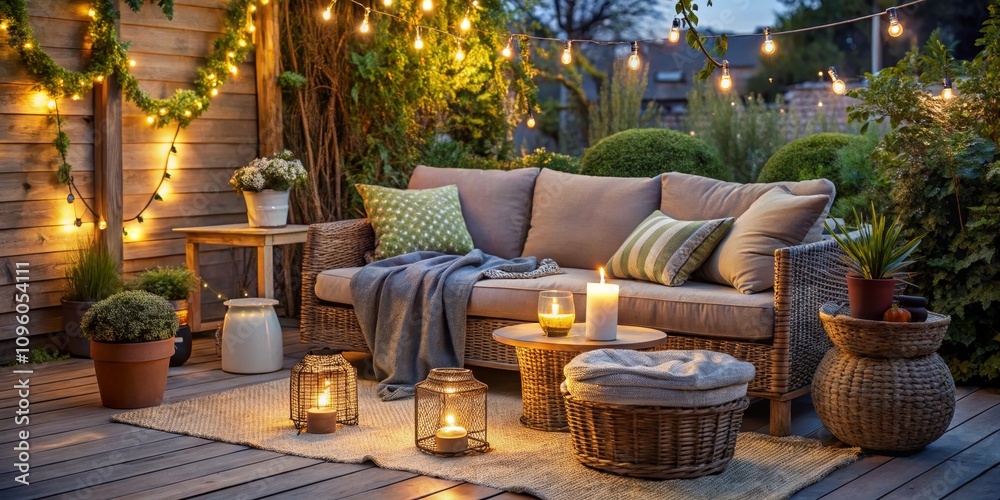Fototapeta premium Cozy Outdoor Patio at Night Wicker Sofa, String Lights, Candles, Rug, Wooden Deck, Outdoor Lighting Design Outdoor Decor, Patio Design