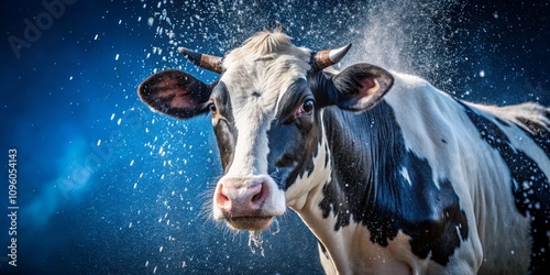 Cow Portrait Close-up Composition, Water Splash, Blue Background, Farm Animal, Cow Photography Dairy cow, bovine, livestock