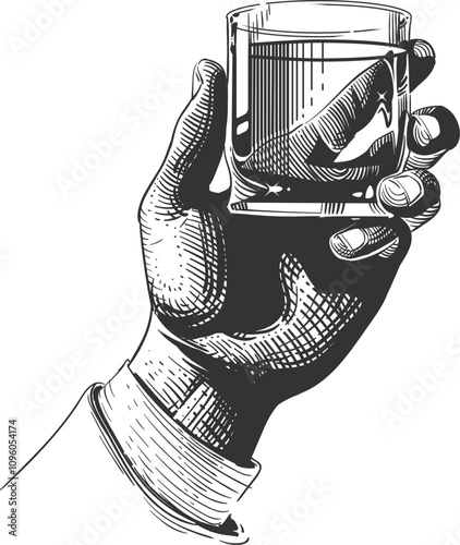 Drin toast sketch. Hand with whiskey glass engraving.