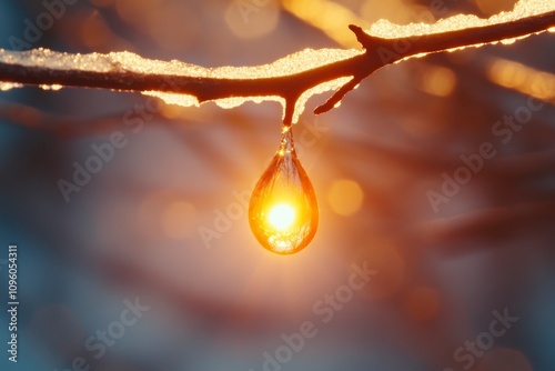 Frozen branch with sunlit icicle.