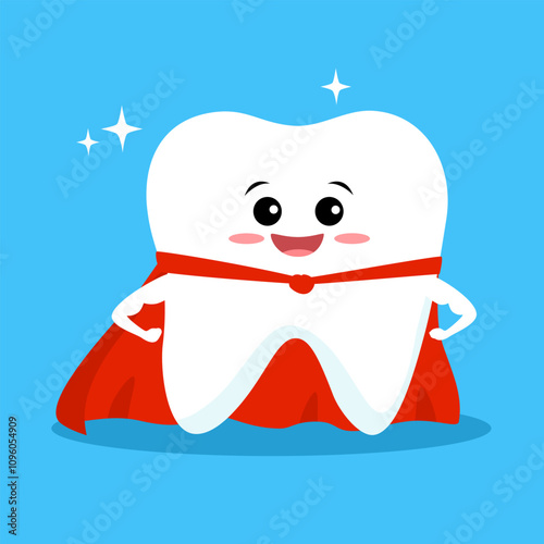 Happy superhero healthy tooth funny character in flat design vector illustration.