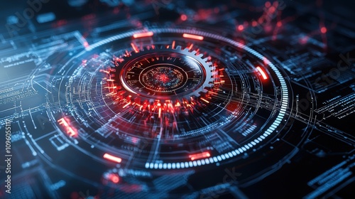 Wallpaper Mural Futuristic glowing circular interface with red and blue digital elements on a dark background. Torontodigital.ca