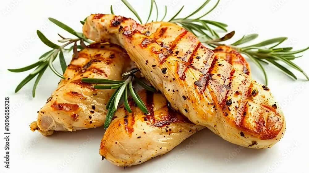 Grilled chicken breast garnished with rosemary on a plate, perfect for BBQs and Thanksgiving Grilled chicken breast garnished with rosemary on a plate, perfect for BBQs and Thanksgiving