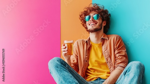 Young man in sunglasses holding a drink against a vibrant multicolored background. Fun and casual summer vibe