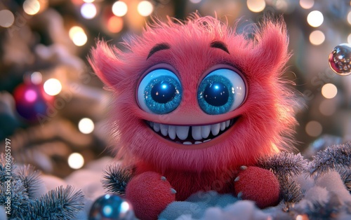 happy cute adorable furry 3d monster cartoon charachter with huge eyes christmas background 