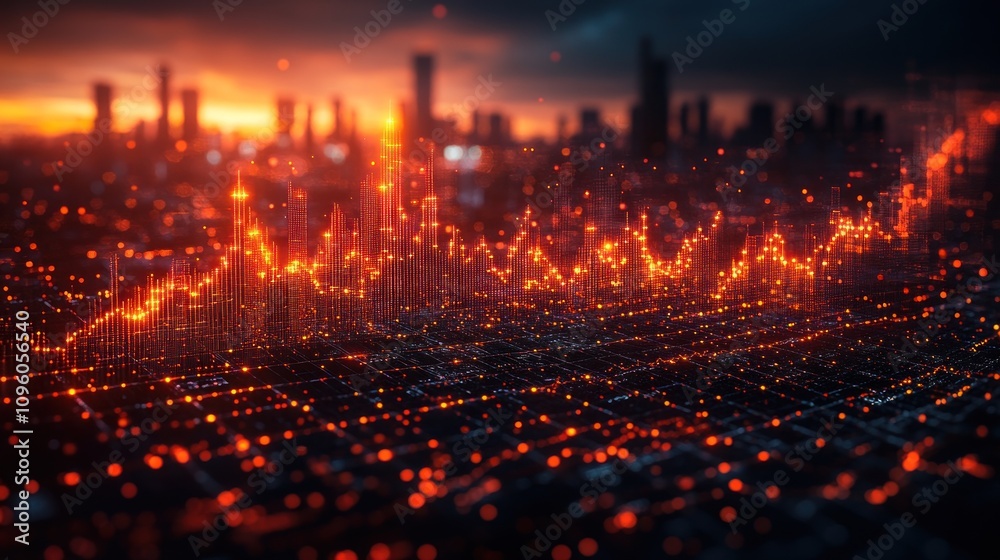 Fototapeta premium Abstract visualization of data trends with glowing elements against a cityscape backdrop.