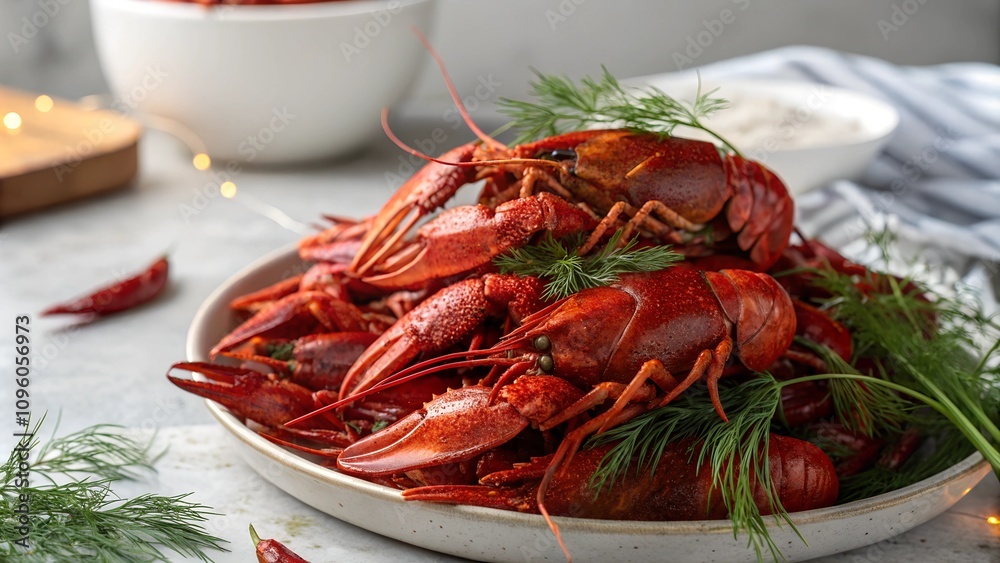 A pile of bright red cooked crayfish, garnished with fragrant dill sprigs, served in a white bowl for a classic Scandinavian summer party feast. A pile of bright red cooked crayfish, garnished with fragrant dill sprigs, served in a white bowl for a classic Scandinavian summer party feast.