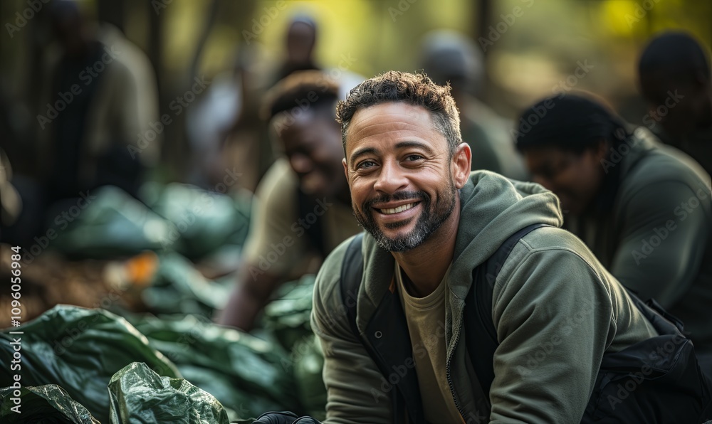 Smiling Man Kneeling Next to Pile of Vegetables Smiling Man Kneeling Next to Pile of Vegetables