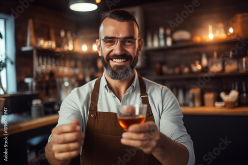 Man in apron with a drink.