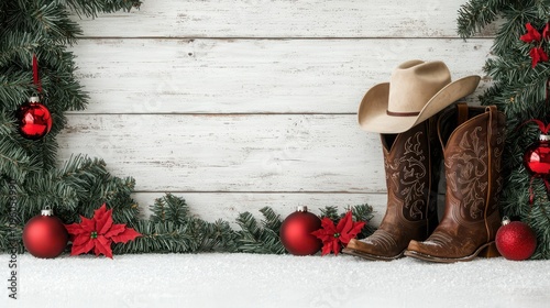 A rustic holiday scene featuring cowboy boots, a hat, and Christmas decorations like ornaments and poinsettias against a wooden backdrop.