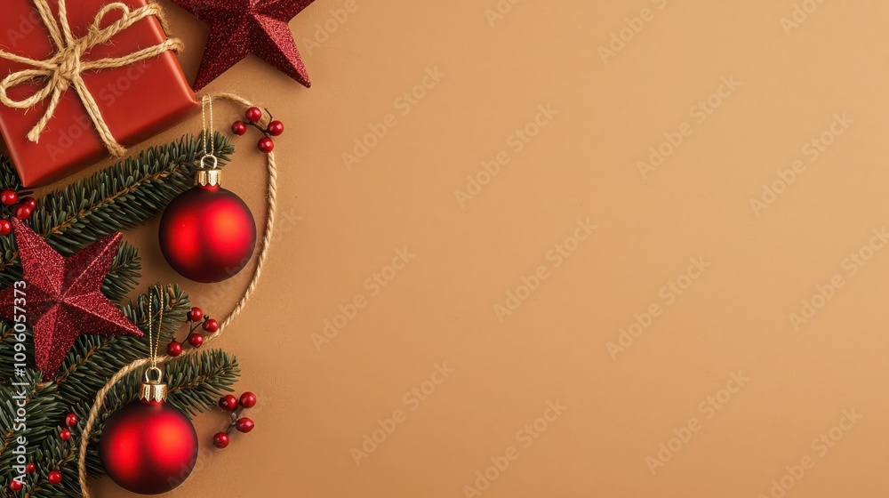 A festive arrangement featuring a wrapped gift, red ornaments, and pine branches on a warm-toned background, evoking a cheerful holiday spirit. A festive arrangement featuring a wrapped gift, red ornaments, and pine branches on a warm-toned background, evoking a cheerful holiday spirit.