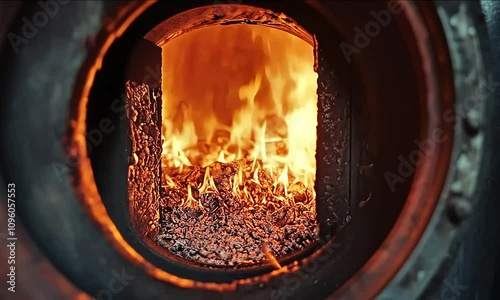 Close-up View of Flames in the Combustion Chamber of a Coal-Fired Stoker Boiler Through the Window