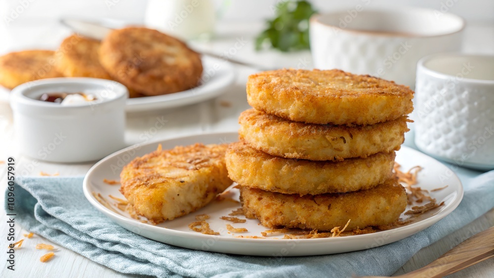 A stack of golden brown hash browns served on a rustic plate with a side of creamy dipping sauce, creating a cozy and delicious breakfast or snack option. A stack of golden brown hash browns served on a rustic plate with a side of creamy dipping sauce, creating a cozy and delicious breakfast or snack option.