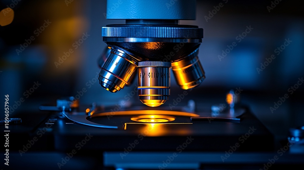 a micro closeup shot of lenses of compound microscope, sharp steel metal finish, slight yellow and white light glares, slight dark background, a micro closeup shot of lenses of compound microscope, sharp steel metal finish, slight yellow and white light glares, slight dark background,
