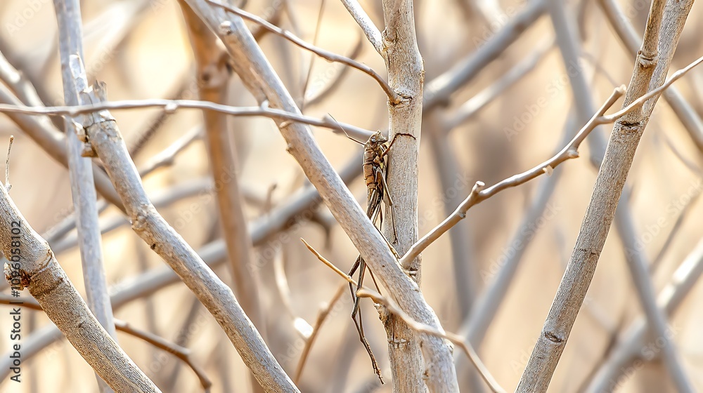 A close-up of thin, dry branches with a camouflaged insect blending into the environment. A close-up of thin, dry branches with a camouflaged insect blending into the environment.