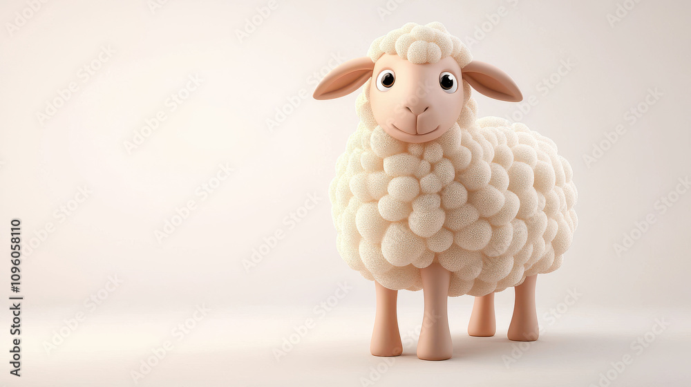 Naklejka premium Cute 3D cartoon sheep toy with fluffy texture, set against soft beige background. This charming character brings playful and friendly vibe to any space