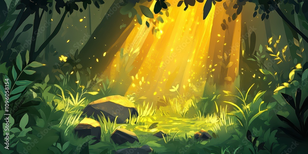 Fototapeta premium Enchanted Forest with Sunlight Streaming through Trees, Vivid Green Foliage, and Serene Atmosphere for Nature and Tranquility Themes