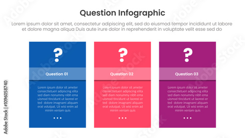 question infographic template banner with with box table container with question mark on header 3 points for slide presentation