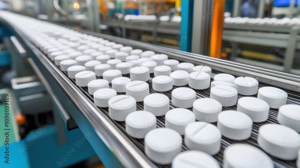 White pills on conveyor belt in production line, showcasing manufacturing process in pharmaceutical facility. scene highlights efficiency and precision in drug production White pills on conveyor belt in production line, showcasing manufacturing process in pharmaceutical facility. scene highlights efficiency and precision in drug production