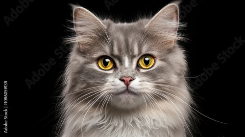 Close up of angry gray and white long haired cat with yellow eyes, showcasing its striking features and intense expression. This captures essence of feline beauty and emotion