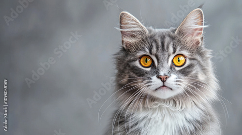 Close up of angry gray and white long haired cat with yellow eyes, showcasing its striking features and intense expression. This feline captures attention with its unique look