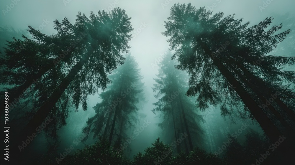 Obraz premium A misty forest scene with towering trees shrouded in fog, creating a serene atmosphere.