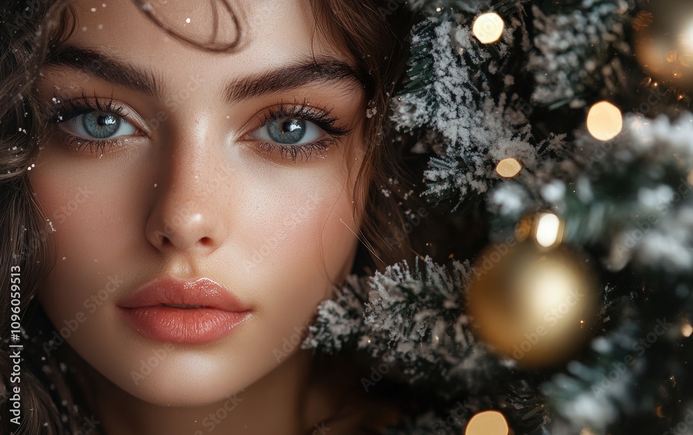 a close-up portrait of beautiful woman on black christmas background a close-up portrait of beautiful woman on black christmas background