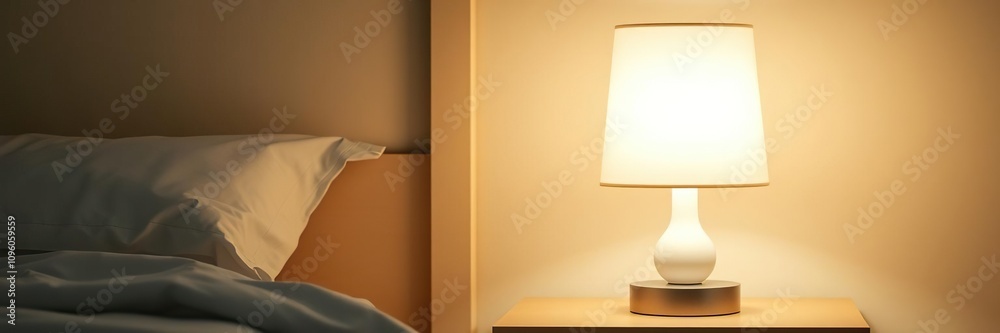 Softly glowing lamp with a calming shade on a bedside table, cozy ambiance, soft glow