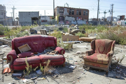 A vacant lot filled with discarded furniture pieces, such as an old mattress, broken chairs, and a torn sofa, creating an impromptu living space for the homeless  photo