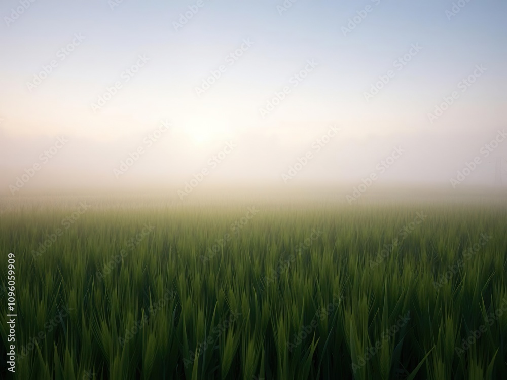Soft morning mist rises from a green field of wheat veiling the landscape in a serene atmosphere, dawn, moringa Soft morning mist rises from a green field of wheat veiling the landscape in a serene atmosphere, dawn, moringa