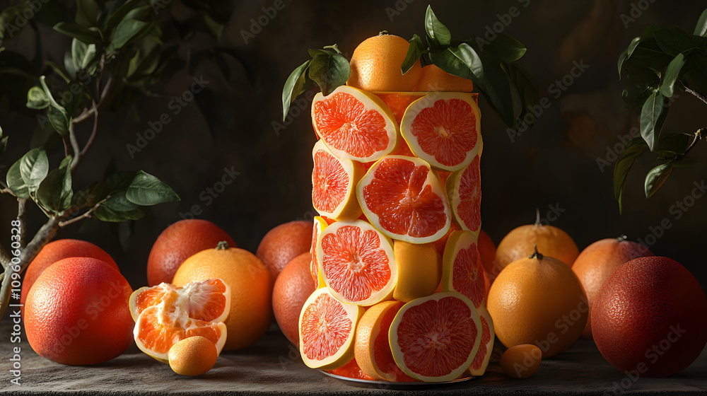 A Stunning Visual Contrast Featuring a Can Made of Pomelos with Artfully Arranged Decoration A Stunning Visual Contrast Featuring a Can Made of Pomelos with Artfully Arranged Decoration