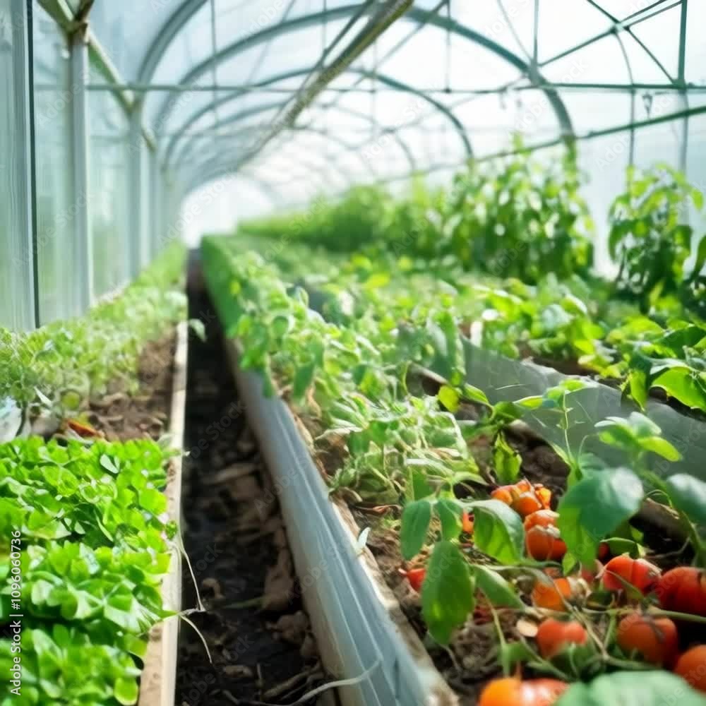 Rows of tomato plants with ripe tomatoes growing inside a greenhouse Rows of tomato plants with ripe tomatoes growing inside a greenhouse