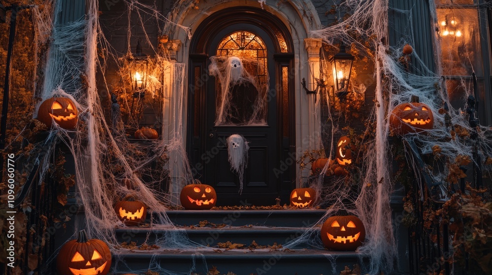 Obraz premium Decorated Front Porch with Pumpkins, Cobwebs, and Ghosts for Halloween