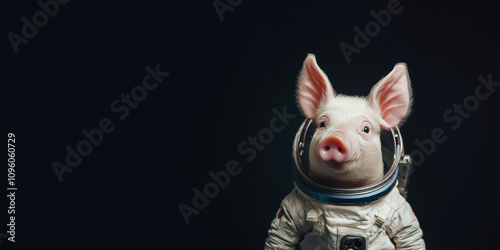 Adorable piglet in an astronaut suit looking curious on a sleek black background. Minimal concept with copy space.