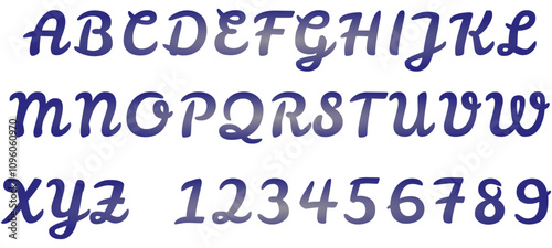 Cursive script fonts, full alphabet with digit numbers on white background