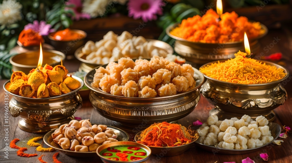 A vibrant setup with Diwali lamps, rangoli designs, sweets, and colorful decoration A vibrant setup with Diwali lamps, rangoli designs, sweets, and colorful decoration