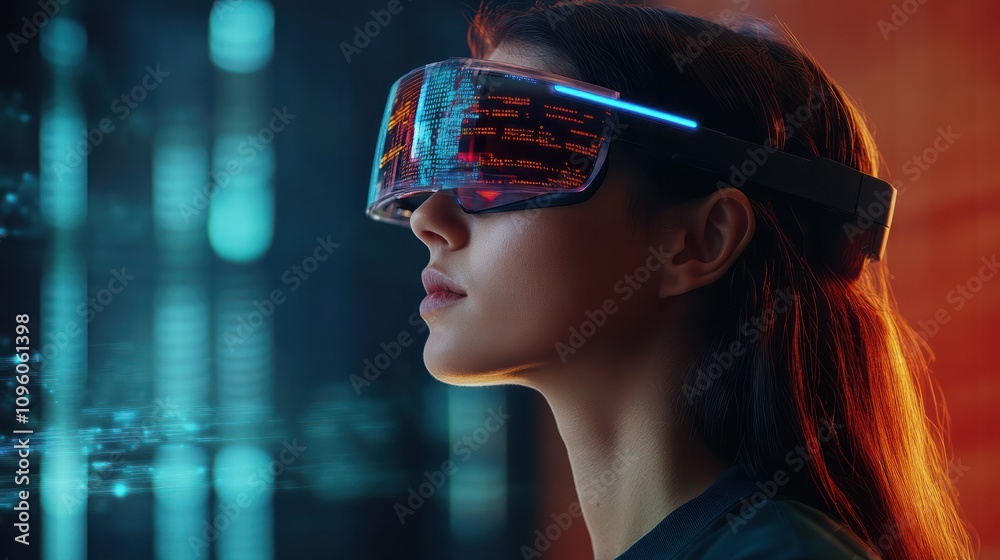 Female IT specialist learns to analyze code and data technology, cyber security, impact of artificial intelligence augmented reality, side profile, copy space. AI generation Female IT specialist learns to analyze code and data technology, cyber security, impact of artificial intelligence augmented reality, side profile, copy space. AI generation