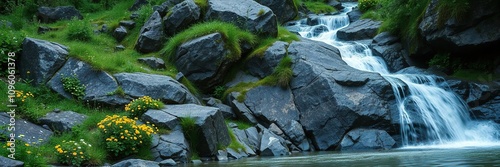 Stream of water flowing down a rocky hillside surrounded by lush greenery and wildflowers, nature, landscape, natural beauty photo