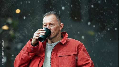 Man Holding Coffee Cup on Rainy Day